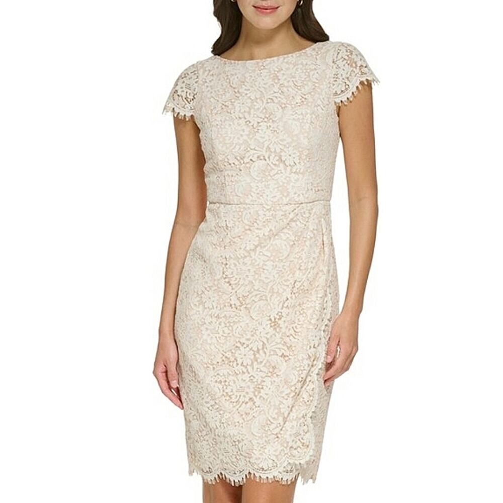 Vince Camuto Elegant Scalloped-Hem V-Back Lace Cream Dress 6P
